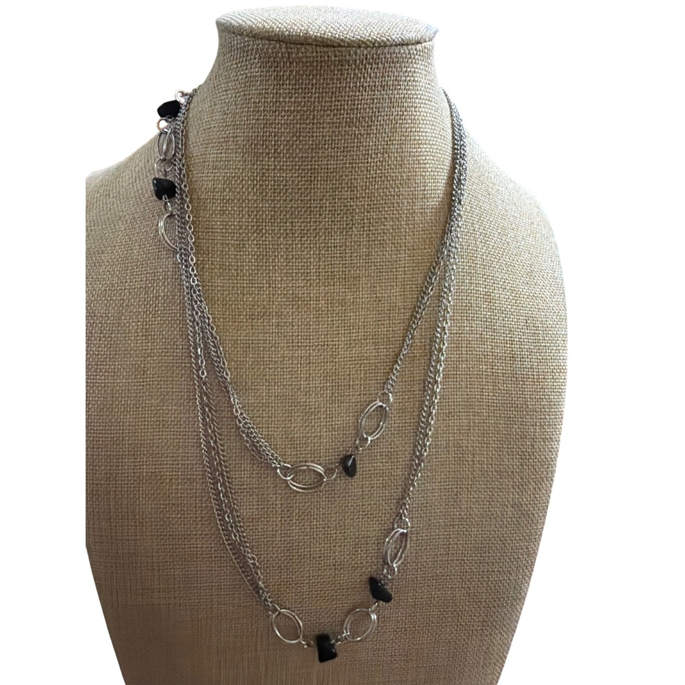Silver Tone Multi Strand Layered Necklace Black Goldstone Style Accents